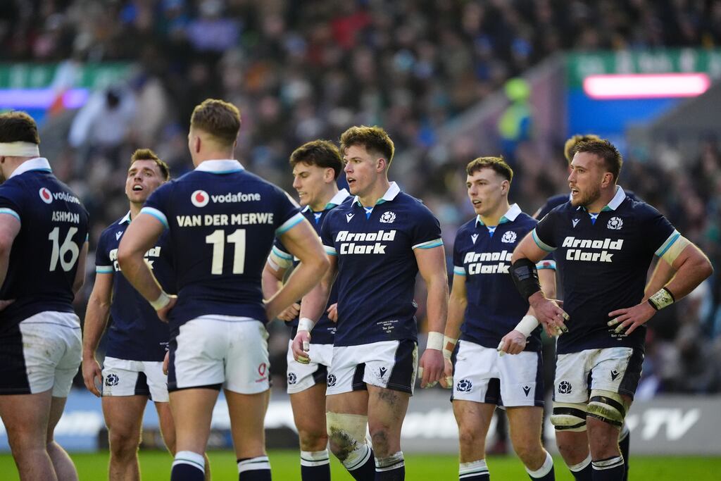 Scotland players appear dejected during the 11th successive Six Nations loss to Ireland. Photograph: Andrew Milligan/PA