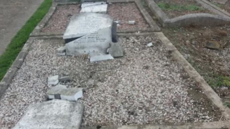 Vandalised headstone at Bluebell Cemetery, Dublin. Photograph: Rachel Mangan/Facebook