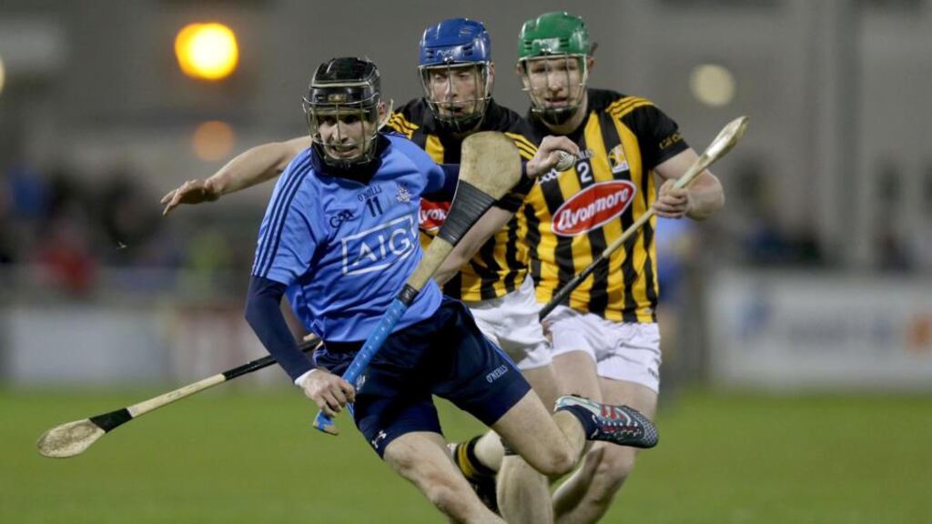 Dublin’s Alan McCrabbe in action against Kilkenny’s Brian Hogan and Paul Murphy at Parnell Park. Photo: Donall Farmer/Inpho