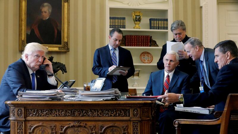 Donald Trump is joined by (from left) Chief of Staff Reince Priebus, Vice President Mike Pence, senior advisor Steve Bannon, Communications Director Sean Spicer and National Security Advisor Michael Flynn as he speaks to Vladimir Putin in January. None of these men remains working with Trump at the White House except Vice President Pence. Photograph: Jonathan Ernst/Reuters