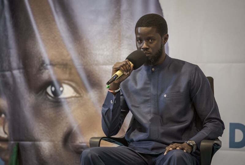 Bassirou Diomaye Faye, presidential candidate, speaks at a recent news conference in Dakar, Senegal. Photograph: Annika Hammerschlag/Bloomberg.