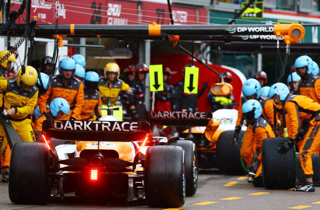 Lando Norris of McLaren making a pitstop during the F1 Grand Prix of Monaco in Monte-Carlo on May 28th, 2023. Photograph: Mark Thompson/Getty Images