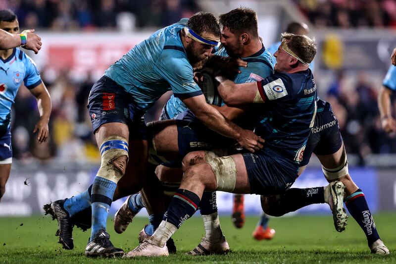 Vodacom Bulls' Ruan Vermaak is tackled by Kieran Treadwell of Ulster. Photograph: Ben Brady/Inpho