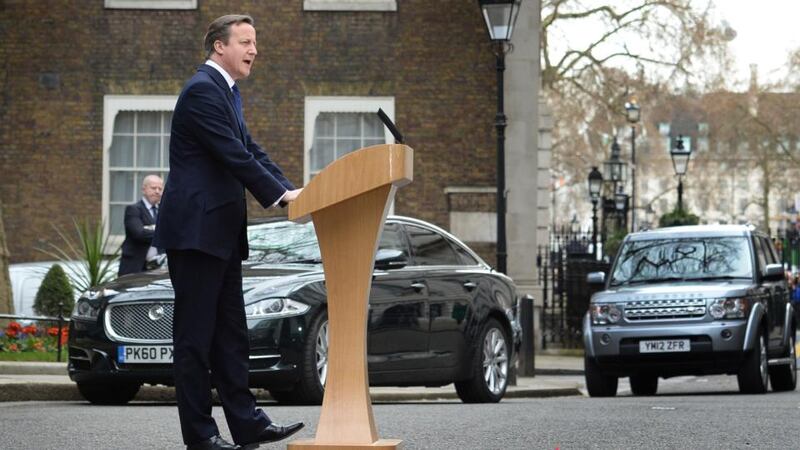 British prime minister David Cameron speaks to the waiting media outside 10 Downing Street after returning from a private audience with Queen Elizabeth to dissolve parliament ahead of one of the most closely-contested general elections for decades. Photograph: Stefan Rousseau/PA Wire.