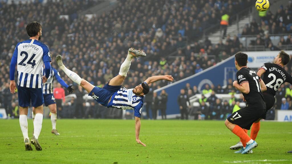 Alireza Jahanbakhsh equalises for Brighton against Chelsea. Photograph: Mike Hewitt/Getty