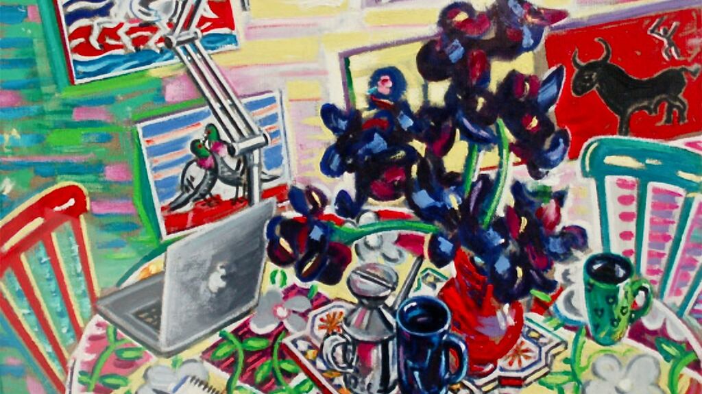 Michael Cullen’s Studio Scene with Still Life and Irises, an oil on linen, 45cm x 50cm painting at Taylor Galleries