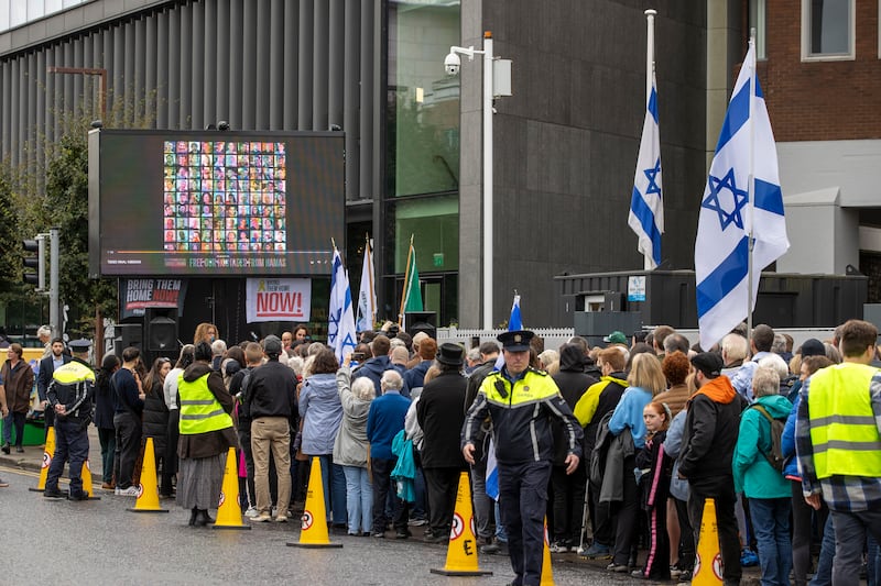 People at the memorial vigil at the Israeli embassy in Ballsbridge, Dublin. Photograph: Tom Honan