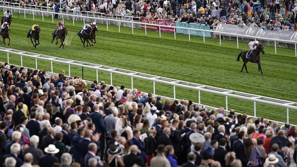 Frankie Dettori riding Lah Ti Dar easily wins The British EBF & Sir Henry Cecil Galtres Stakes at York on Thursday. Photograph:  Alan Crowhurst/Getty Images)