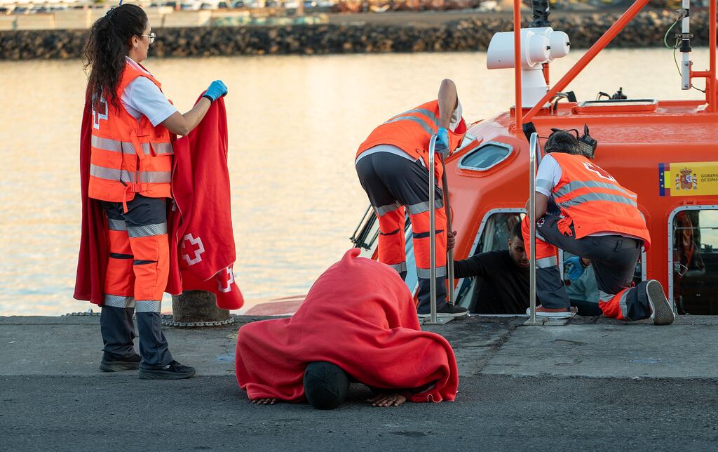 A migrant reacts after disembarking from a rescue ship on Lanzarote island, Canary Islands, on November 28th, 2023. Photograph: EPA