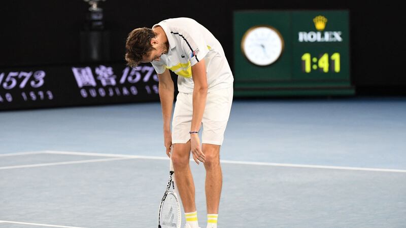 Medvedev reacts after losing a point. Photo: William West/AFP via Getty Images