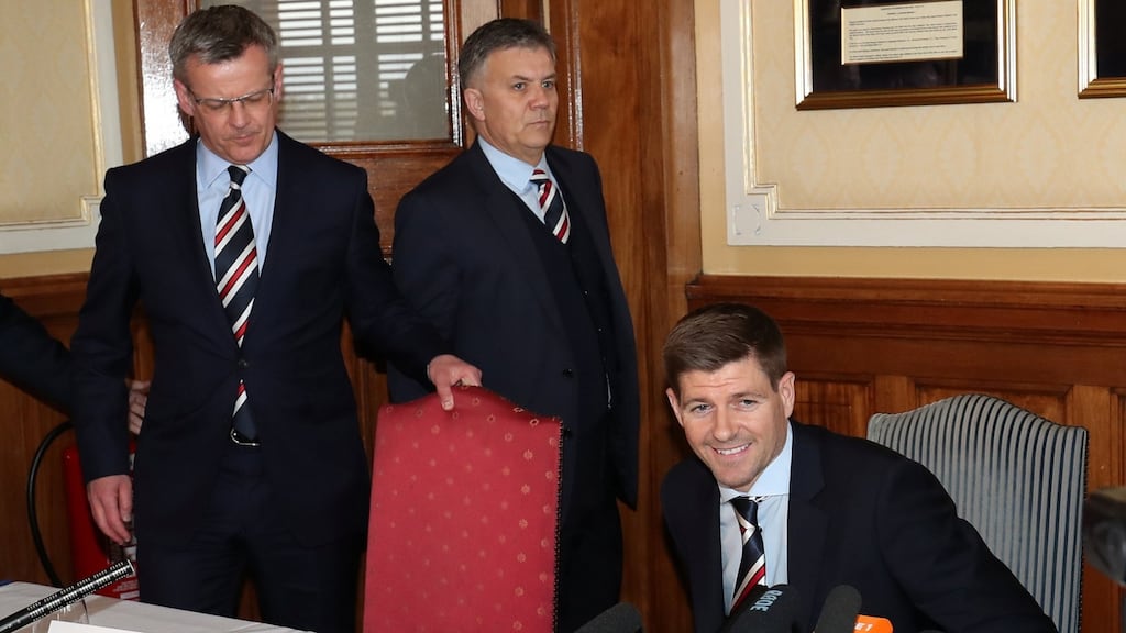 New Rangers manager Steven Gerrard during the press conference at Ibrox. Photograph: Scott Heppell/Reuters