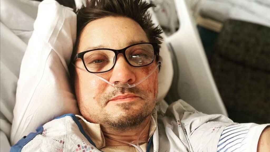 Jeremy Renner in hospital last year after being run over by his own six-tonne snowplough. Photograph: Jeremy Renner/Instagram