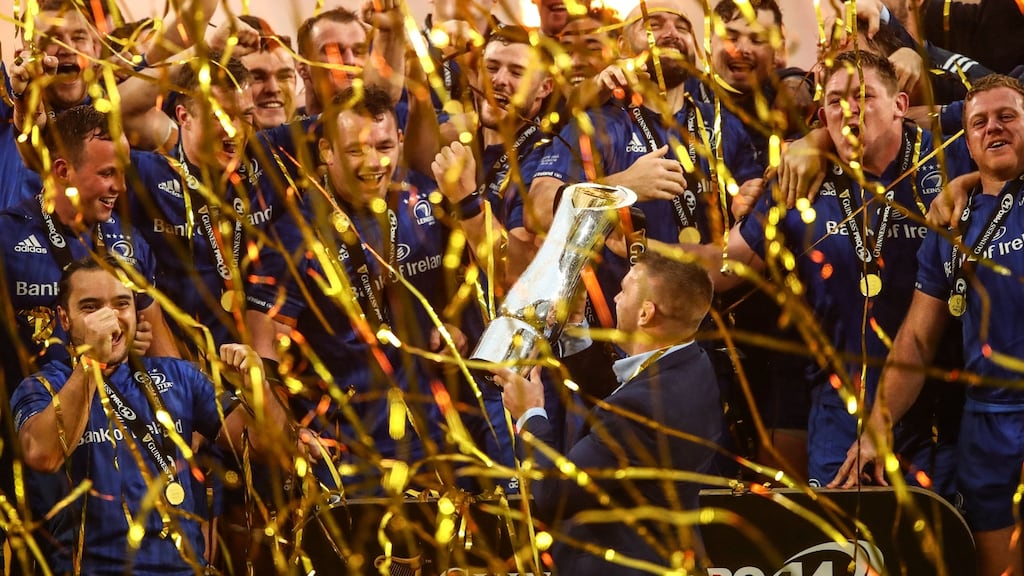 Leinster’s Sean O’Brien lifts the Pro14 trophy after beating Glasgow at Celtic Park, Glasgow. Photograph: James Crombie/Inpho