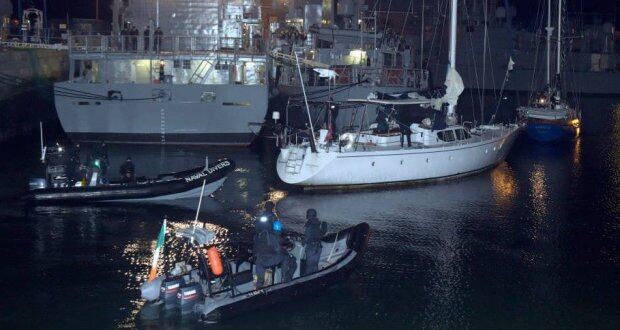 The yacht Makayabella in Haulbowline naval base in Cobh, Co Cork last night after the Irish Navy intercepted the vessel suspected of carrying some €80 million worth of cocaine 200 nautical miles off Mizen Head. Photograph: Irish Naval Service Facebook page