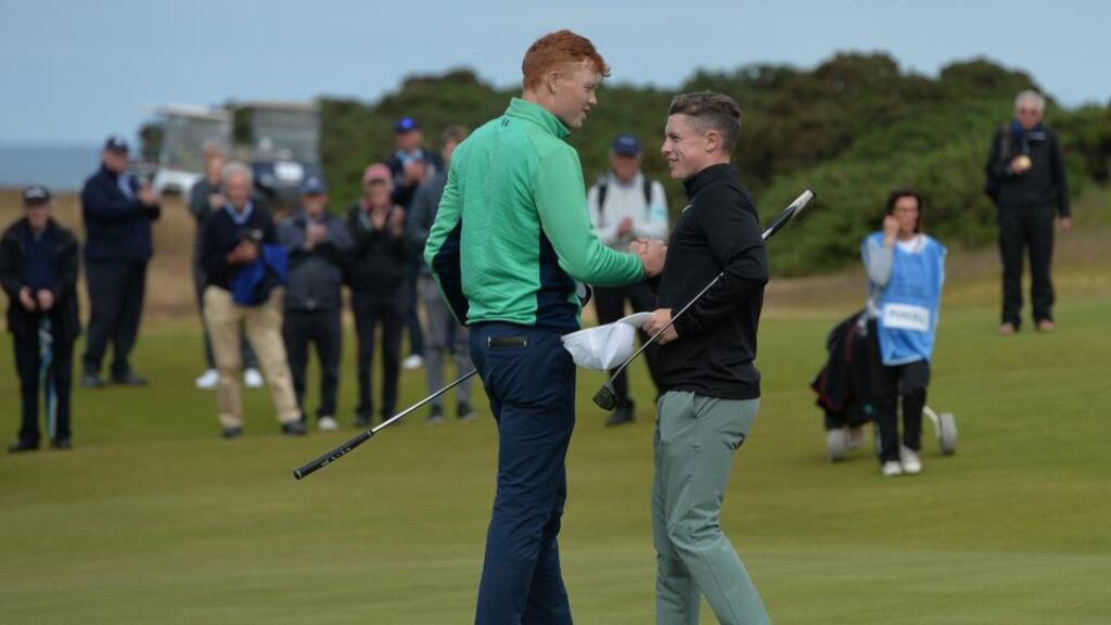 Robin Dawson (left), of Tramore is congratulated by opponent Conor Purcell of Portmarnock after his 3&2 win at the 16th hole during the semi final of The Amateur Championship at Royal Aberdeen. Photo: Mark Runnacles/R&A/R&A via Getty Images