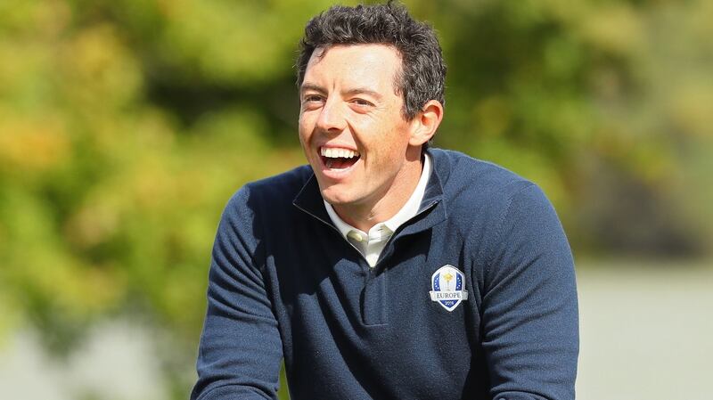 Rory McIlroy sees the funny side during practice ahead of the 41st Ryder Cup at Hazeltine National Golf Club in Chaska, Minnesota. Photograph: Andrew Redington/Getty Images