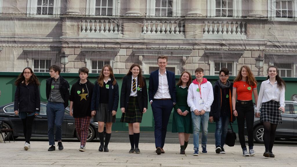 Students Mira Henchi, Theo Cullen-Mouze, Saoi O’Connor, Yasmine Ryan, Emma Kerr, Dan Hatter, Eva Kane, Cian Farrell, Tudor Cucu, Tara O’Neill and Beth Doherty pictured at Leinster House recently after outlining their demands for climate action. Photograph: Alan Betson / The Irish Times