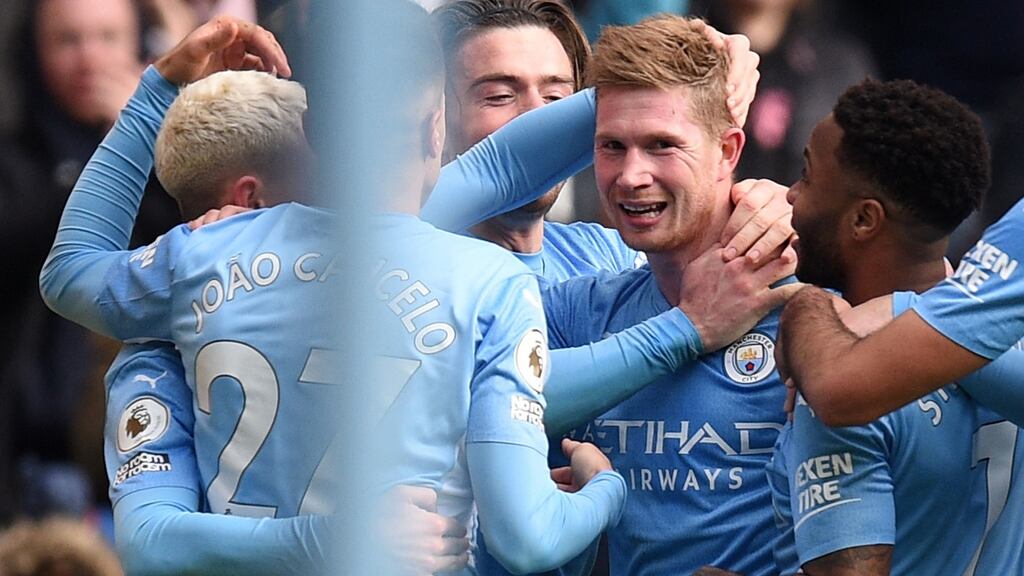 Manchester City’s Belgian midfielder Kevin De Bruyne celebrates his goal against Chelsea at the Etihad Stadium. Photograph: Getty Images