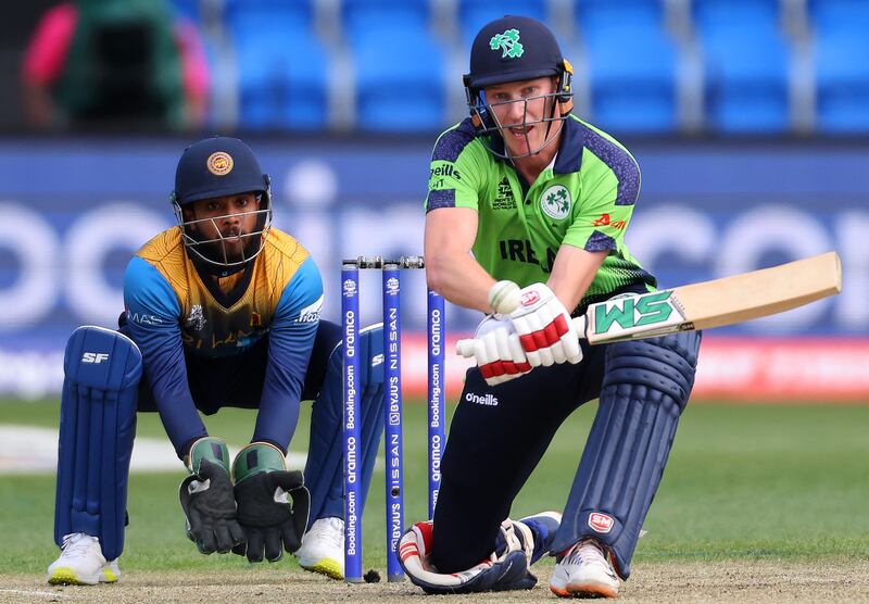 Harry Tector plays a reverse sweep against Sri Lanka. Photograph: David Gray/AFP via Getty Images