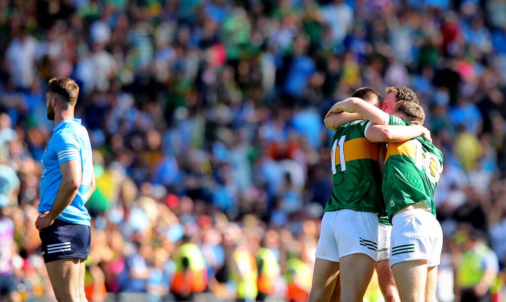 Kerry’s Seán O’Shea celebrates with Tadhg Morley and Dara Moynihan after Dublin's defeat at Croke Park in the All-Ireland semi-final. Photograph: Ryan Byrne/Inpho
