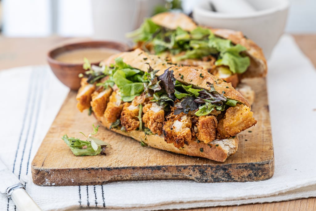 Chicken fillet roll with creamy pepper sauce on no-knead baguette. Photograph: Harry Weir Photography