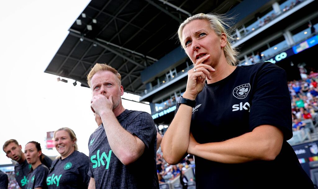 Republic of Ireland head coach Carla Ward with her assistant Alan Mahon during the 4-0 defeat by the United Sates in Denver. Photograph: Ryan Byrne/Inpho