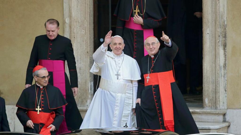 Pope Francis waves from the steps of the Santa Maria Maggiore Basilica in Rome yesterday, as he went for a half-hour personal moment of prayer. Photograph: Alessandro Bianchi