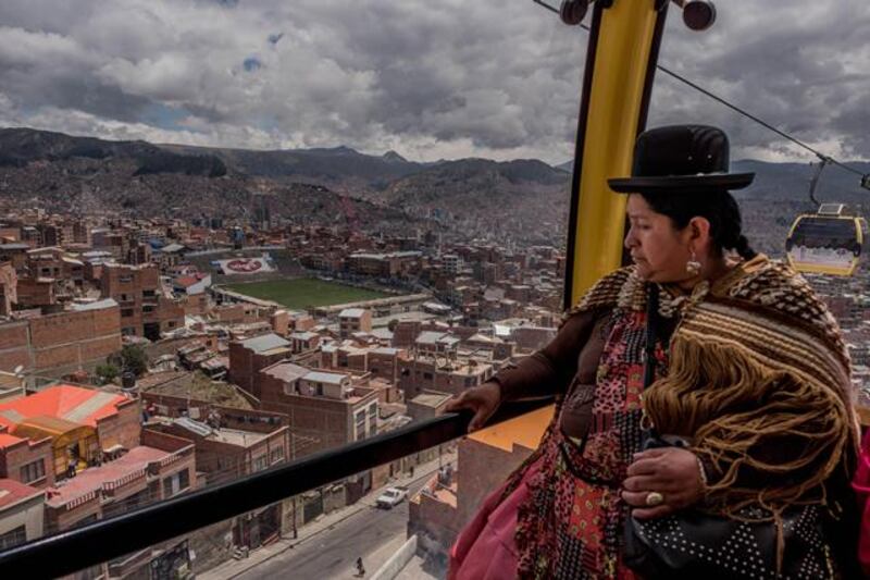 Inside one of the Mi Teleferico cable cars over La Paz, Bolivia. Photograph: New York Times
