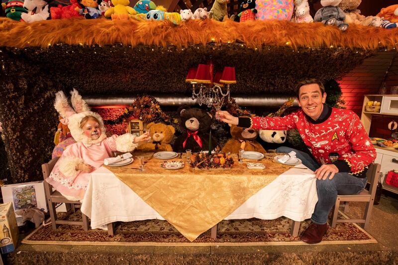 The Late Late Toy Show: Isabella Douglas takes tea with Ryan Tubridy at the miniature table. Photograph: Andres Poveda