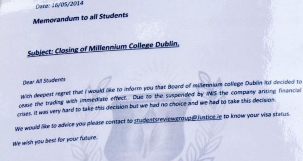 A letter that was posted on the front door fo the Millennium College in Dublin. Millennium College and three other Dublin schools have closed over the past month. Photograph: Brenda Fitzsimons/The Irish Times