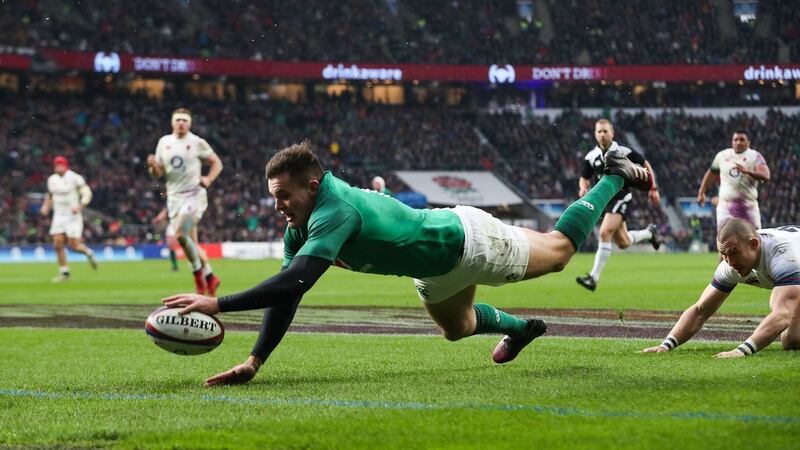 Jacob Stockdale scores Ireland’s third try against England at Twickenham on March 17th, 2018. Photograph: Billy Stickland/Inpho