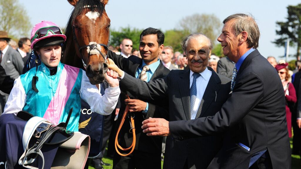 Frankel’s owner Khalid Abdullah with trainer Henry Cecil and jockey Tom Queally. Photograph: PA Wire