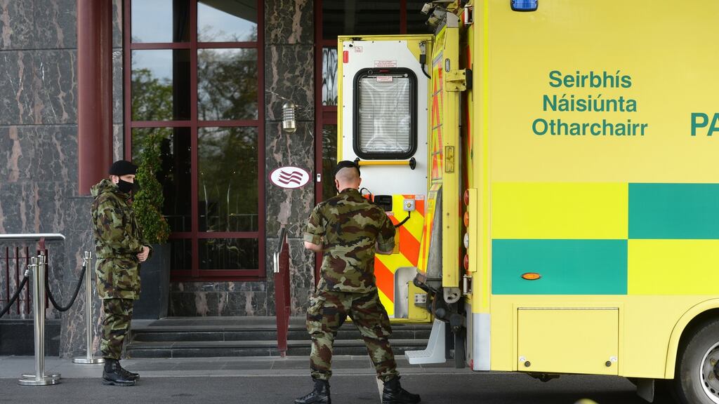 Defence Forces outside the Crowne Plaza quarantine hotel in Santry, Dublin. Photograph: Dara Mac Dónaill