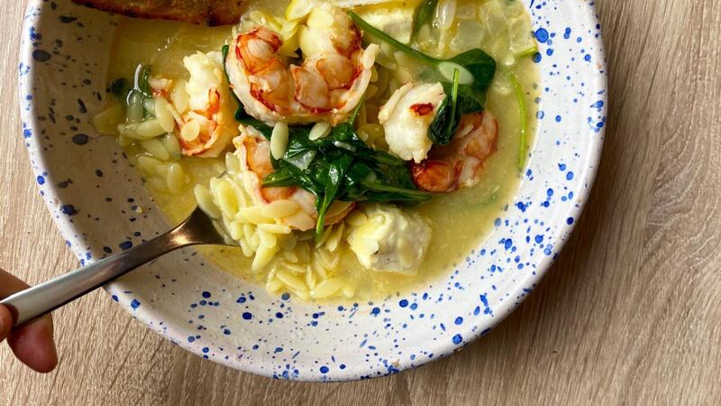 Chloe Harris’s microwaved prawn and orzo stew.