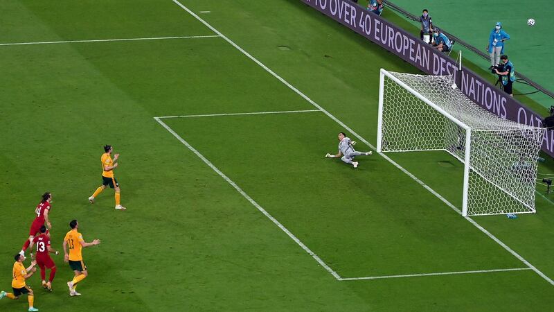 Gareth Bale sends a penalty over the bar during Wales’s win over Turkey. Photograph: Dan Mullan/EPA