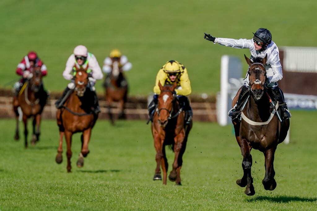 Jockey Nico de Boinville raises his hand in celebration after Constitution Hill's win in the Unibet Champion Hurdle at Cheltenham. Photograph: Alan Crowhurst/Getty Images