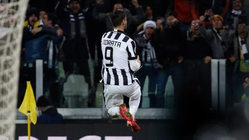 Juventus’ striker Alvaro Morata celebrates after scoring his side’s winner. Photograph: Alessandro Bianchi/Reuters