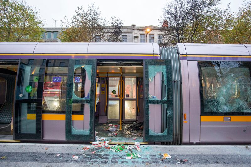 A damaged Luas tram on O'Connell Street in Dublin after the rioting late last month. Photograph: Tom Honan