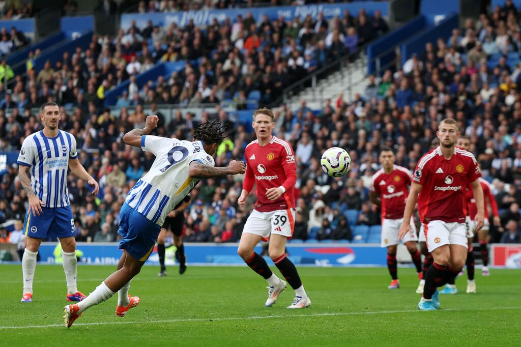 Joao Pedro scores Brighton's late winner during the Premier League game against Manchester United at the American Express Stadium. Photograph: Eddie Keogh/Getty Images