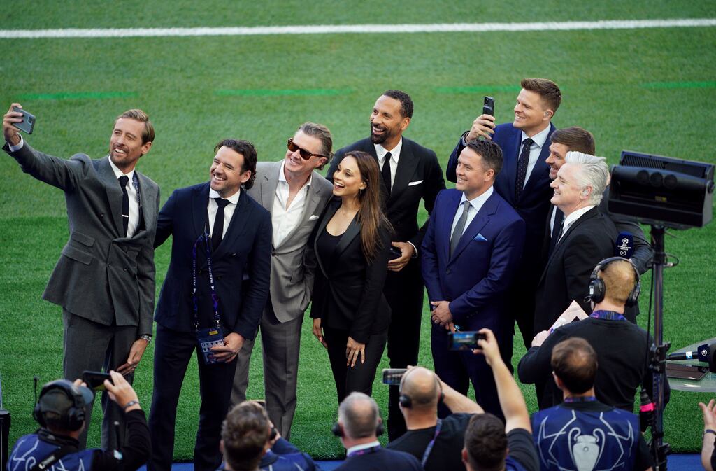 BT Sport TV pundits and presenters (left-right) Peter Crouch, Owen Hargreaves, Steve McManaman, Seema Jaswal, Rio Ferdinand, Michael Owen, Jake Humphrey, Steven Gerrard and Des Kelly. Photograph: Peter Byrne/PA Wire