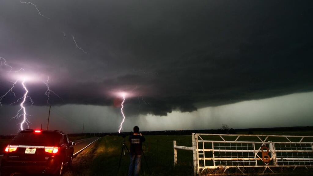 Sorm chasers observe yesterday’s tornadic thunderstorm in Cushing Photograph: Gene Blevins/Reuters