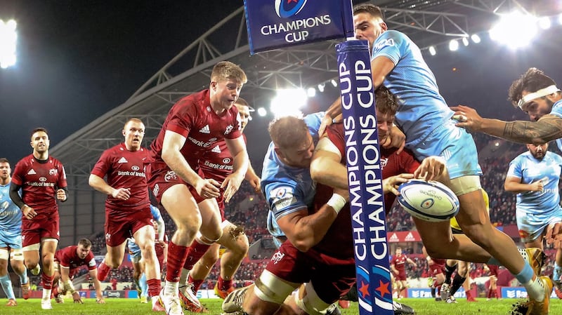 Munster’s Jack O’Donoghue scores a try in the corner during the Heineken Champions Cup matches against Castres at Thomond Park. Photograph: Laszlo Geczo/Inpho