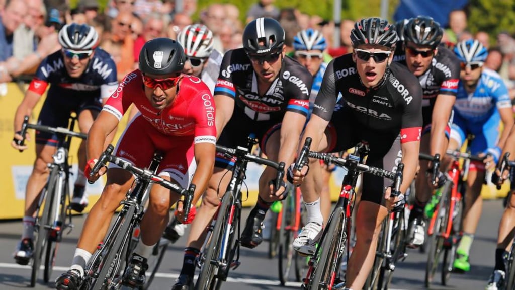 Irish rider Sam Bennett (right) of team Bora Argon 18 in action during the Tour of Bavaria cycle race. Photograph: Rene Vigneron /Bayern Rundfahrt /dpa
