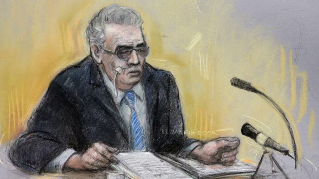 Court sketch of Moors Murderer Ian Brady appearing via video link at Manchester Civil Justice Centre. Photograph: Elizabeth Cook/PA Wire