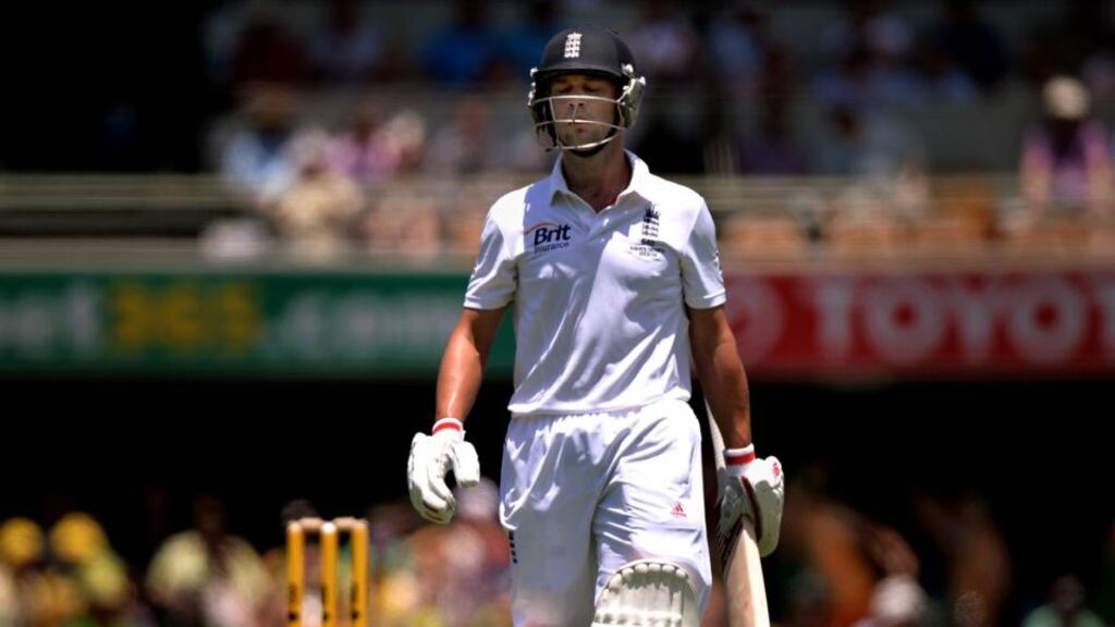 England’s Jonathan Trott reacts as he leaves the field after losing his wicket to the bowling of Australia’s Mitchell Johnson during day two of the first Ashes test at The Gabba in Brisbane. Photograph: Anthony Devlin/PA Wire.