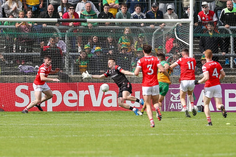 Conor O'Donnell scores goal for Donegal. Photograph: Lorcan Doherty/Inpho