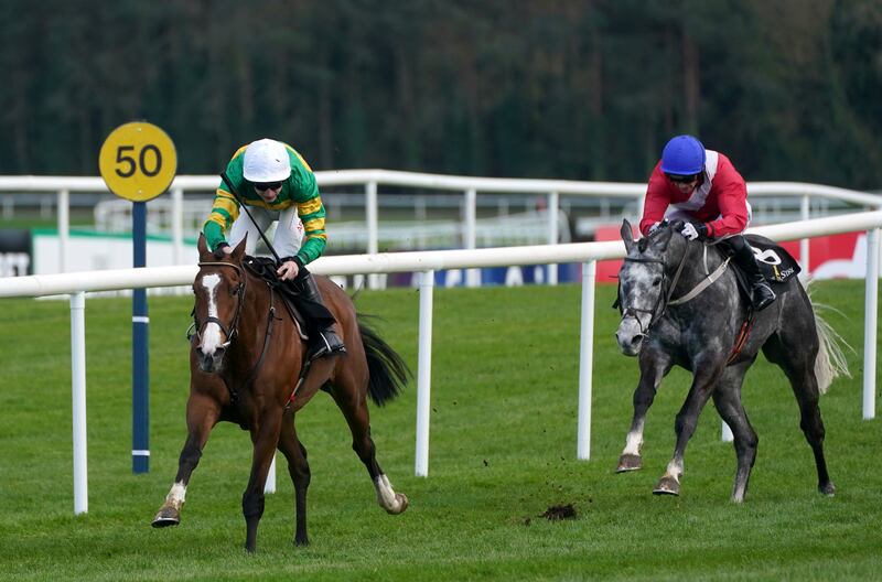 A Dream To Share ridden by John Gleeson (left) coming home to win the Champion Bumper during day two of the Punchestown Festival. Photograph: Brian Lawless/PA Wire