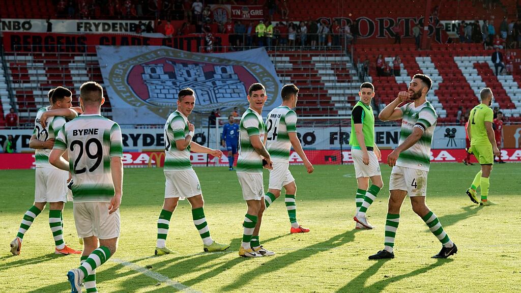 Shamrock Rovers players celebrate after the game in Norway on Thursday night. Photograph: Inpho