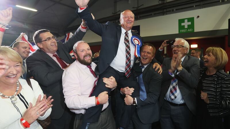 The DUP’s David Simpson celebrates at the Eikon Exhibition Centre in Lisburn. Photograph: Brian Lawless/PA