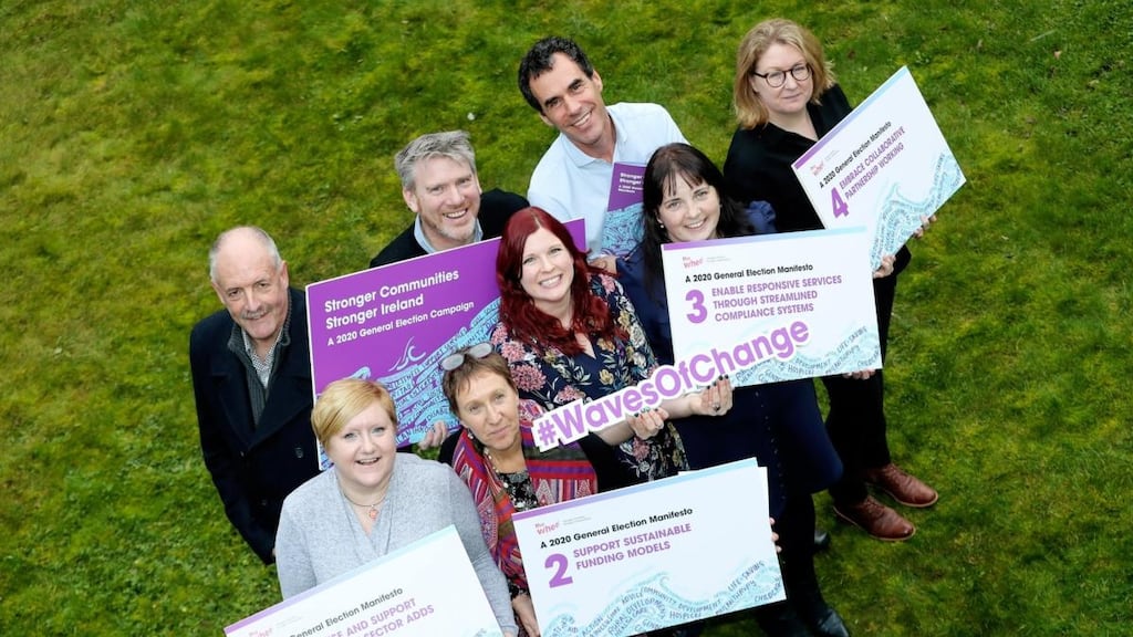 Back: Crumlin Home Care Services chief executive Noel O’Meara; the Wheel’s director of public policy, Ivan Cooper; Kevin Gregory of Barnardos; (front) Northside Home Care Services head of operations Maria Jackson; Cope Galway chief executive Jacquie Horan; the Wheel’s campaigns manager, Sarah Monaghan; Daisyhouse Housing Association chief executive Ena Norris; and Coeliac Society chief executive Gill Brennan at the launch of the Wheel’s general election manifesto.